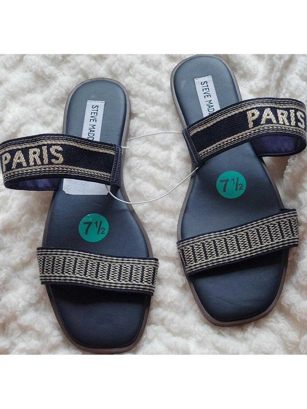 Steve Madden Women's Slide Sandals Embroidered Geometric Slip-On Black/Beige 7.5
